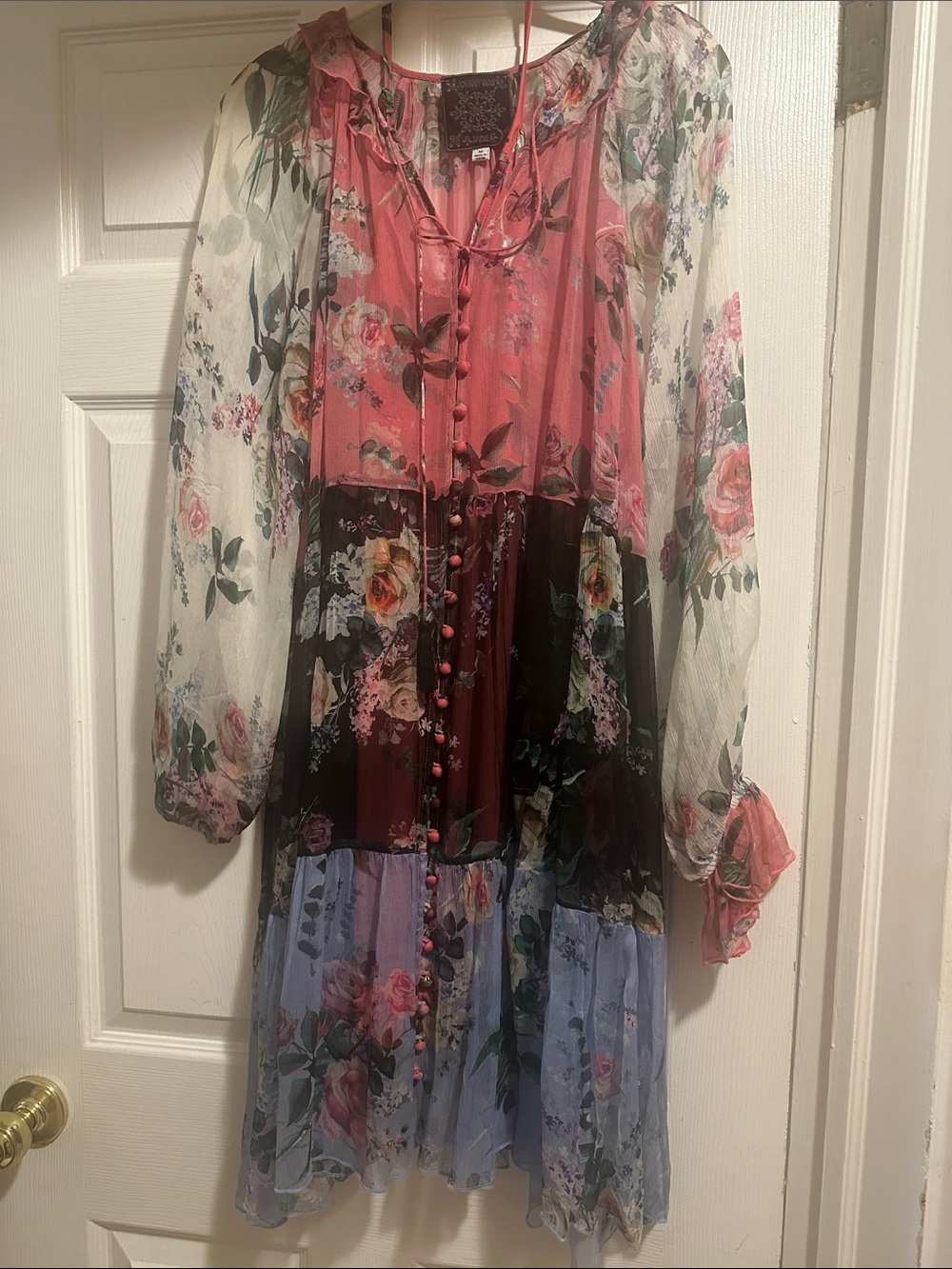 Johnny Was Multi-Panel Floral Long-Sleeve Chiffon Dress - Pink, Black, Blue